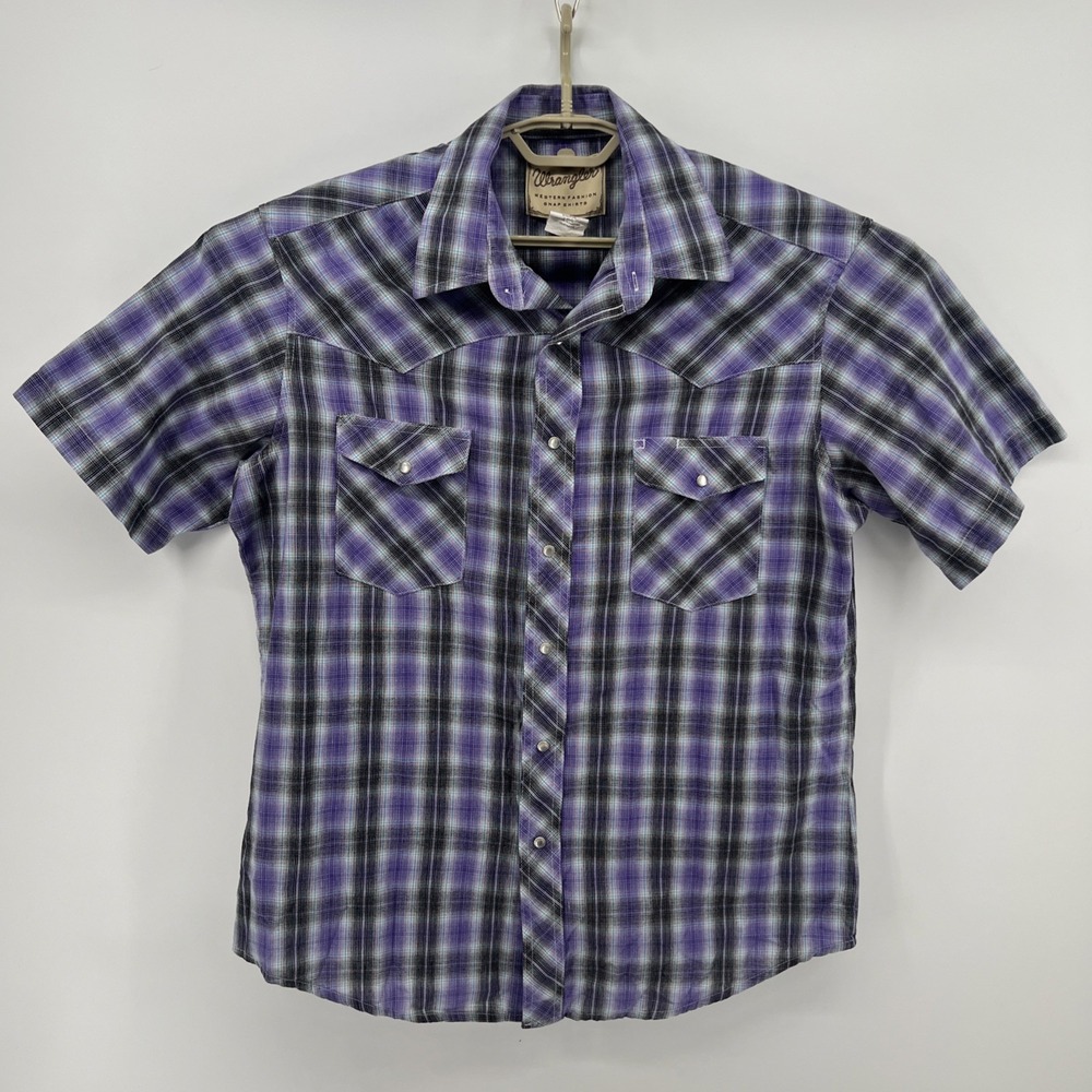Wrangler Western Fashion Pearl Snap Shirt Mens Size Large Purple Plaid